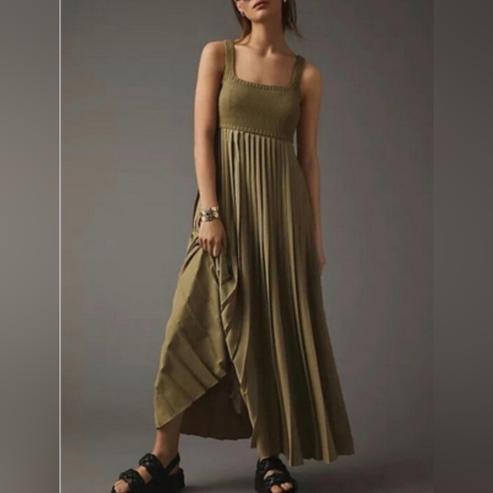 ANTHOPOLOGIE Mare Mare Green Pleated Maxi Twofer Dress Sleeveless Size S NWOT